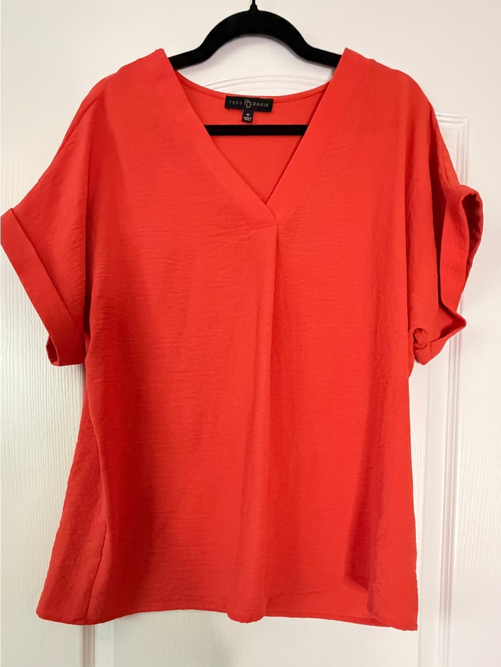 Fred David Coral-Red V-Neck Short Sleeve Blouse Size Medium